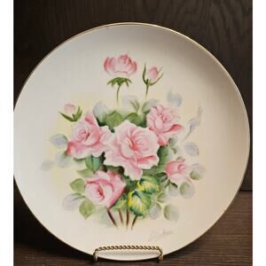 Vintage Ucagco Handpainted Pink Roses Signed Wall Plate 10" Gold Trim Japan